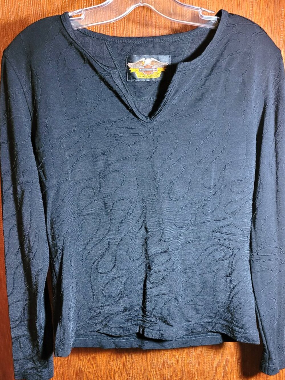 Circa 1990s Harley Davidson Black Flame Textured Knit Split V-Neck Top - Small